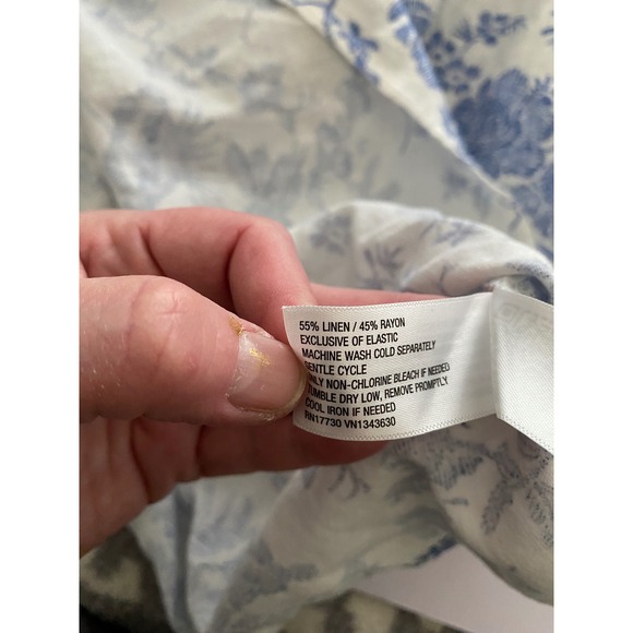 Blue White Floral Toile Smocked Linen Blend Mini Dress XL Pockets - Picture 6 of 6